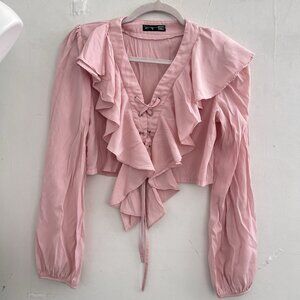 Dazy Top Pink Balloon Sleeve Crop Ruffle Tie Pirate Renaissance